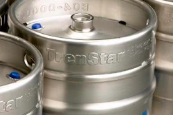 RFID-tagged beer keg; the tag is within the blue object affixed to the top of the keg.