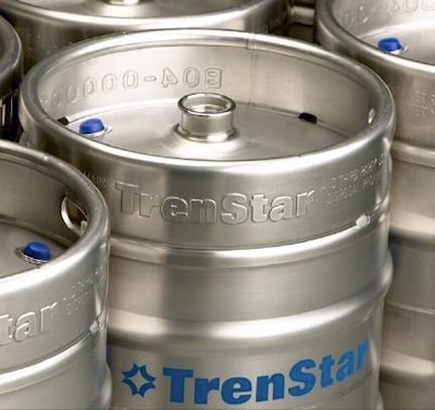 RFID-tagged beer keg; the tag is within the blue object affixed to the top of the keg.