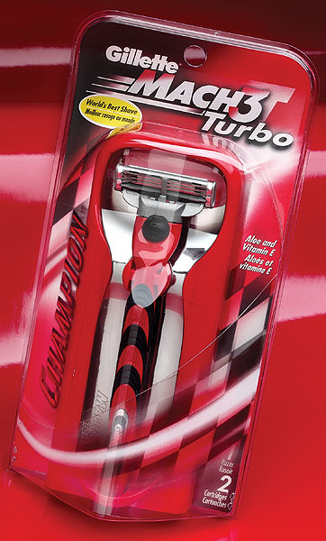 Auto-racing graphics rev up interest among men for a triple-blade razor.