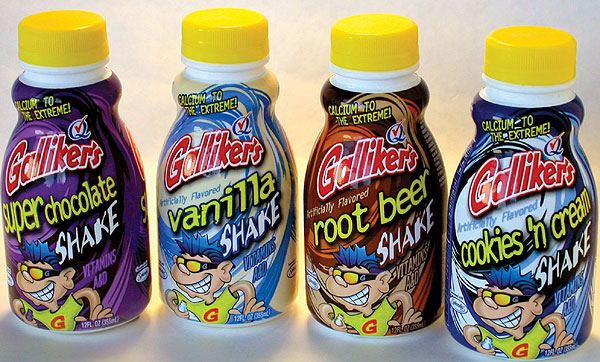 The dynamic graphics on shrink labels help Galliker Dairy position 'Shake' product as a treat rather than traditional milk.