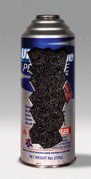 An 8-oz aerosol can with a special relief valve and a foam insert now allows Ultra Blue to market and ship propane gas for do-it