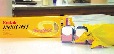 While most dental packets at Kodak are bundled in a polyester band and then flow-wrapped in a film/foil laminate (left), SureSof