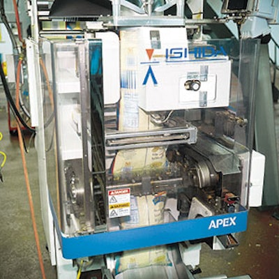 Each of eight new vertical form/fill/seal machines like the one shown here can fill any of Golden Flake's potato chip varieties,