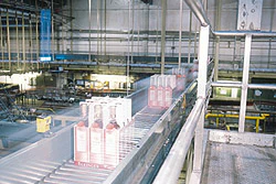 A new conveyor (inset) moves cases of wine to a new palletizer and wrapper installed October 2001.