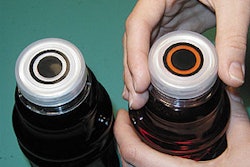 The patented HeiLighter tamper-evident closure is shown unopened (left) and after opening, displaying an irreversible color chan