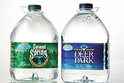 Stronger and better looking: Consumer-preferred PET gives Perrier's water jugs improved shelf presence versus HDPE. The PET jug'