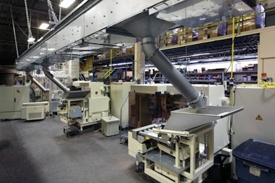 BUCKET TRANSFER. A bucket elevator (left) takes chocolate eggs to an overhead conveyor system much more gently than the cleated