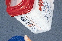 Olin?s four new injection-molded containers for pool chemicals include the 5-lb size (right) with molded hand-grip and product m