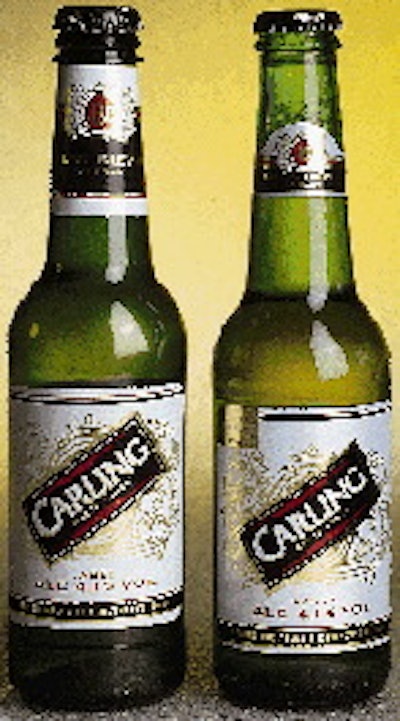 Because Bass?s plastic beer bottle (left) holds 330 cL, it compares favorably with the U.K.?s standard half-pint glass bottle (r