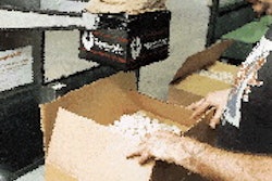 Loose-fill dispersion at Borders (above) is activated by a footpedal. A central conveyor moves cartons into position to be fille