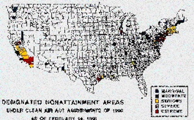 This map shows the counties that are considered Clean Air Act non-attainment areas as of Feb. ?97. The color guide illustrates t