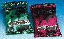 Downgauged film for coffee packs (right) helps Virtues of Coffee save energy costs during vf/f/s (below). The film?s added punc