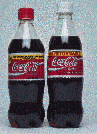 Side by side, the true contour (right) has a convex label panel that requires a shrinkable label. The straight-wall contour (le