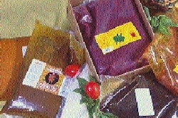 A customized vf/f/s system (top) produces pouches holding liquids as thin as water to sauces laden with particulates as shown ab