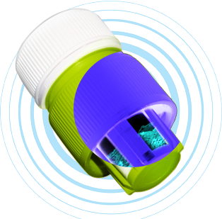 Two-compartment cap holds liquid vitamin blend.