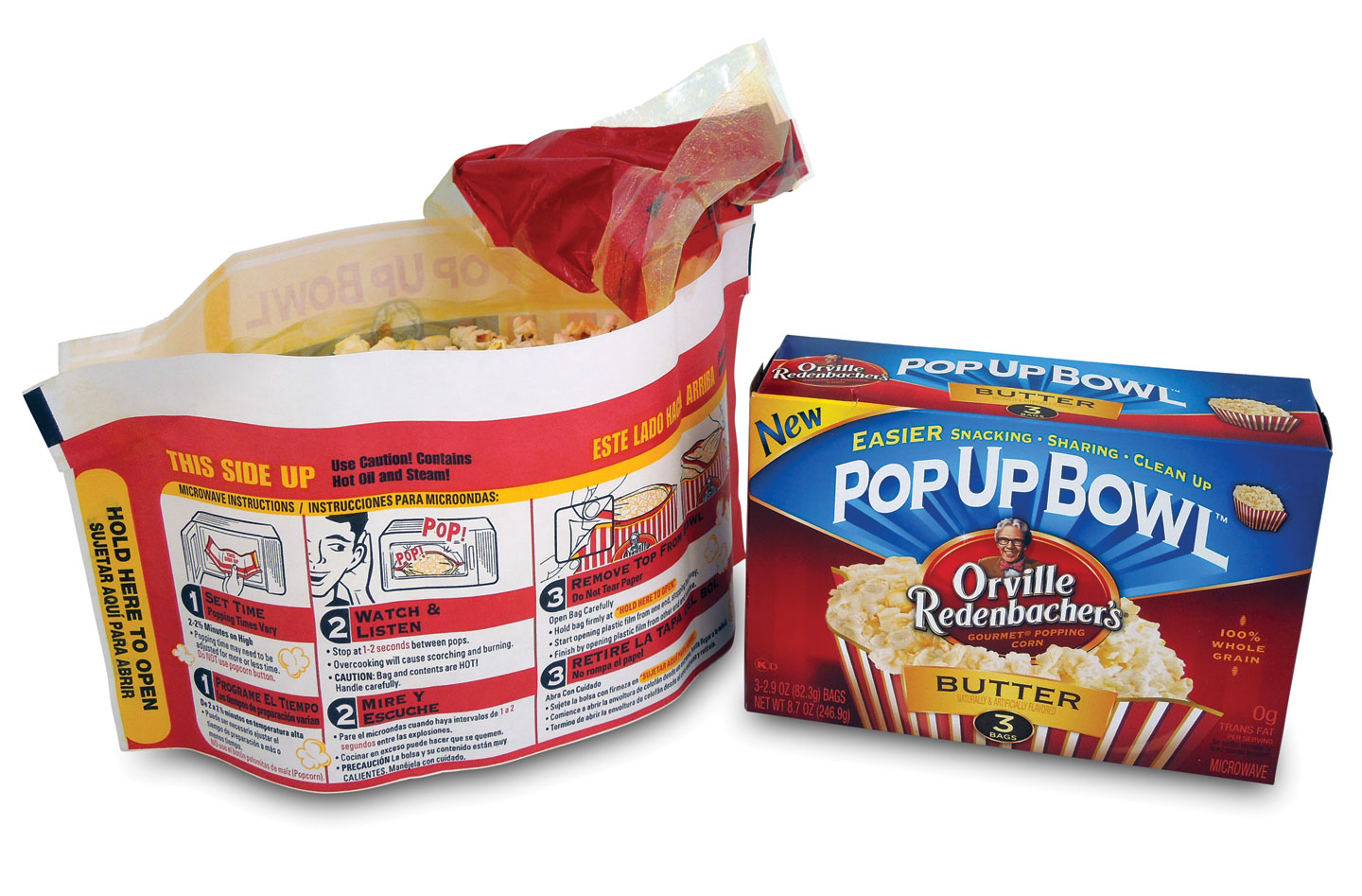 The package's tear-away film lid and outer folding carton.