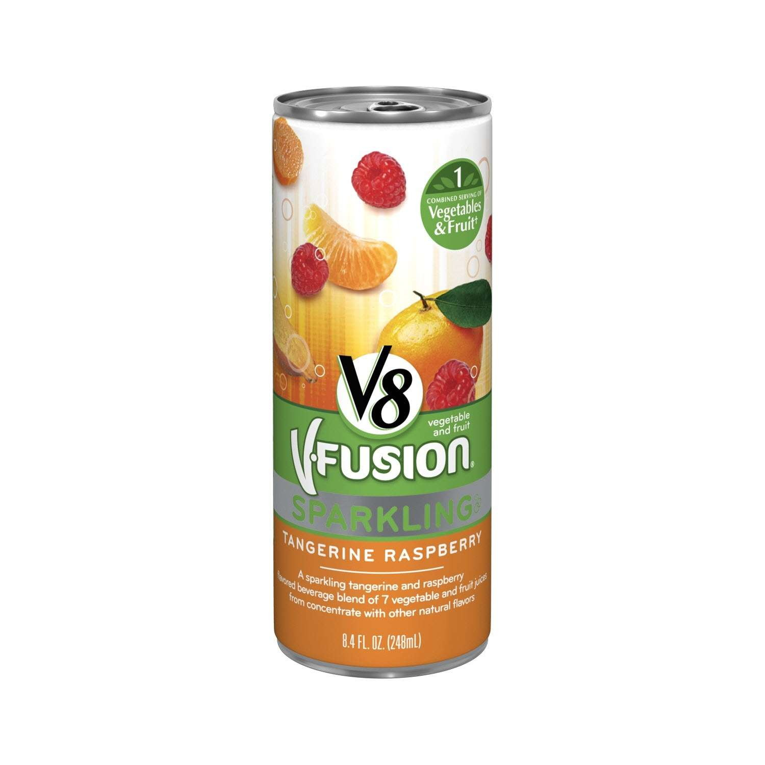 V-8 Fusion Sparkling Drinks uses a slim can to emphasize the brand message.