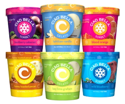 New packaging for Ciao Bella gelato and sorbet offers multiple cues to the consumer on the product type and flavor.