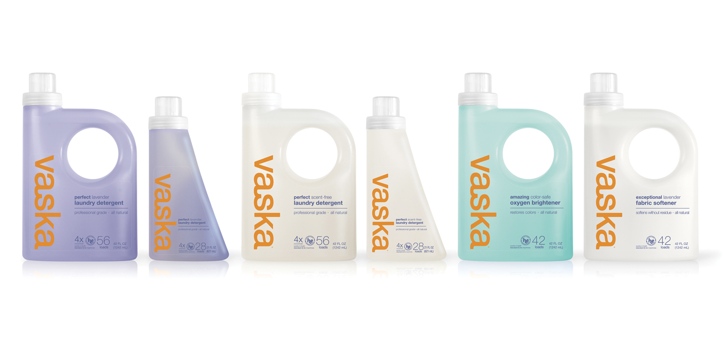 Vaska&rsquo;s laundry cleaning product line is filled into transparent 21-fl-oz &ldquo;wedge&rdquo; bottles and 42-fl-oz handled bottles with see-through in-mold labeling.