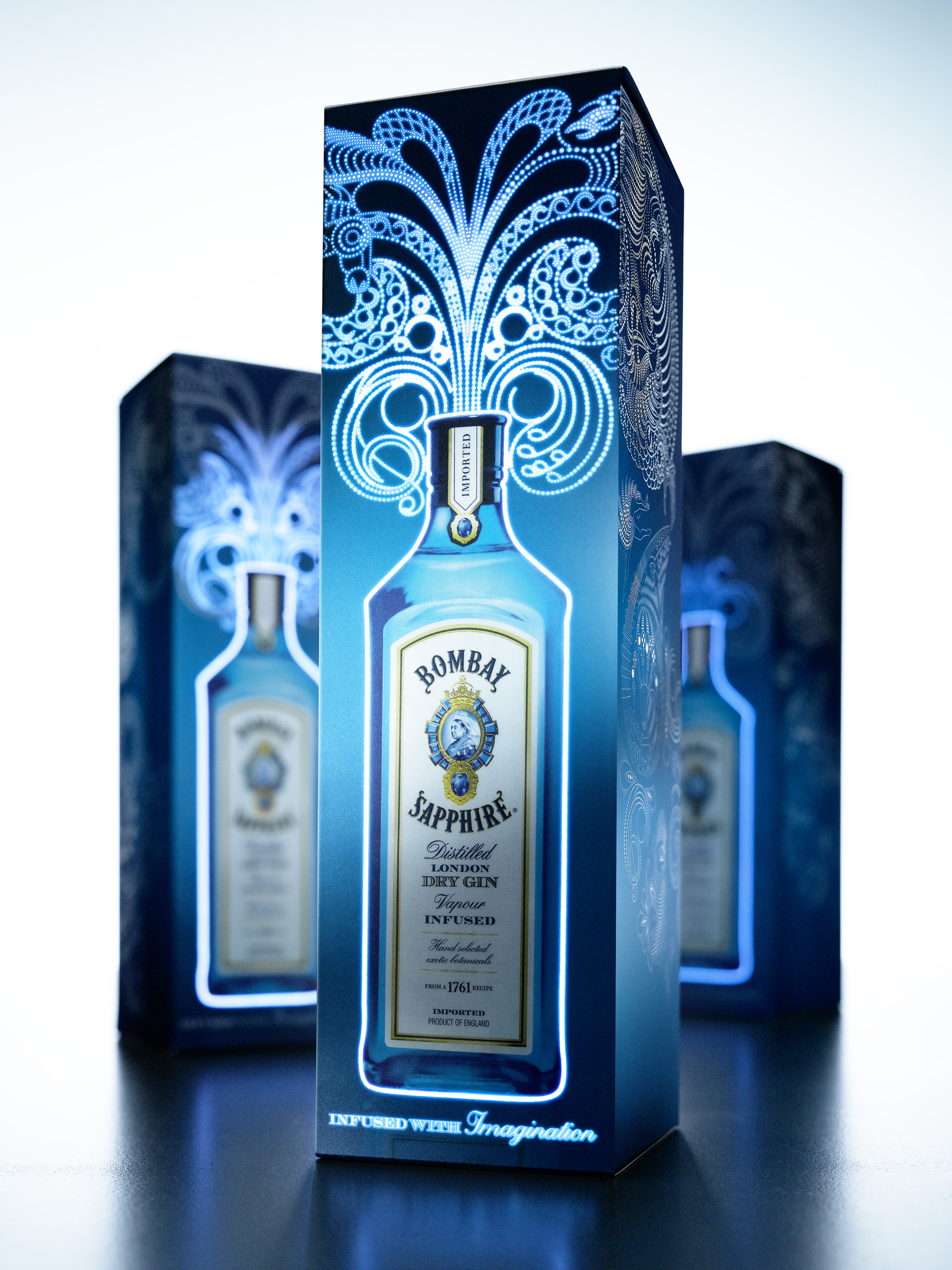 Bacardi's Bombay Sapphire gin in an electroluminescent folding carton.