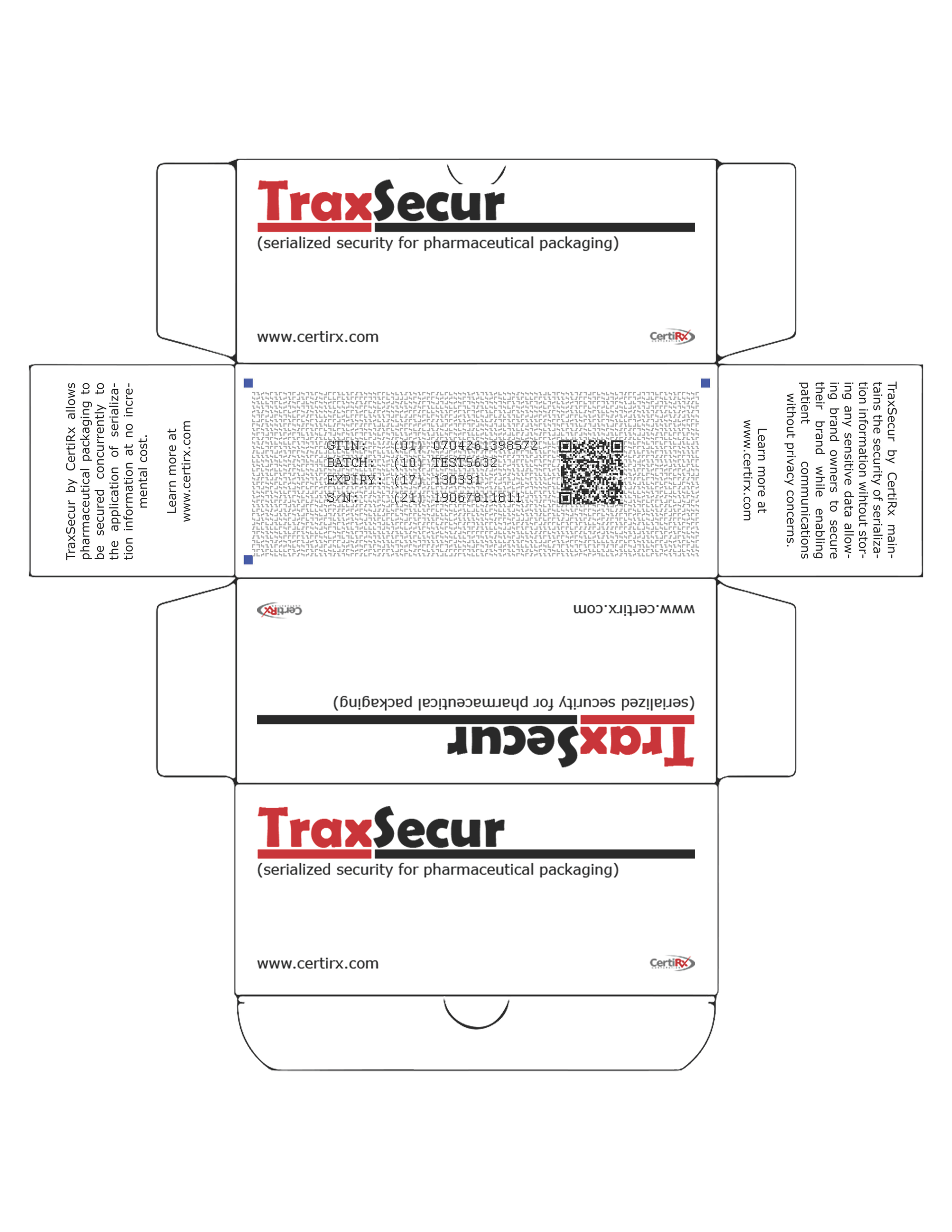 TRAXSECURE UNALTERED. The TraxSecur&trade; security feature is printed, without a requirement for any special inks, as a background that looks similar to those seen on security paper, except that it is created as a unique &ldquo;instance&rdquo; relating to a single time and place, which inextricably links an individual package to its unique corresponding track-and-trace information; this is Serialized Security&trade;.