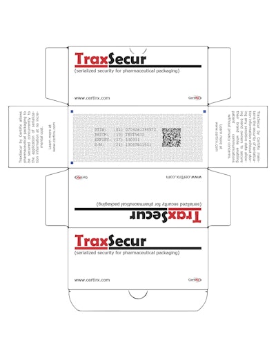 TRAXSECURE UNALTERED. The TraxSecur™ security feature is printed, without a requirement for any special inks, as a background that looks similar to those seen on security paper, except that it is created as a unique “instance” relating to a single time and place, which inextricably links an individual package to its unique corresponding track-and-trace information; this is Serialized Security™.