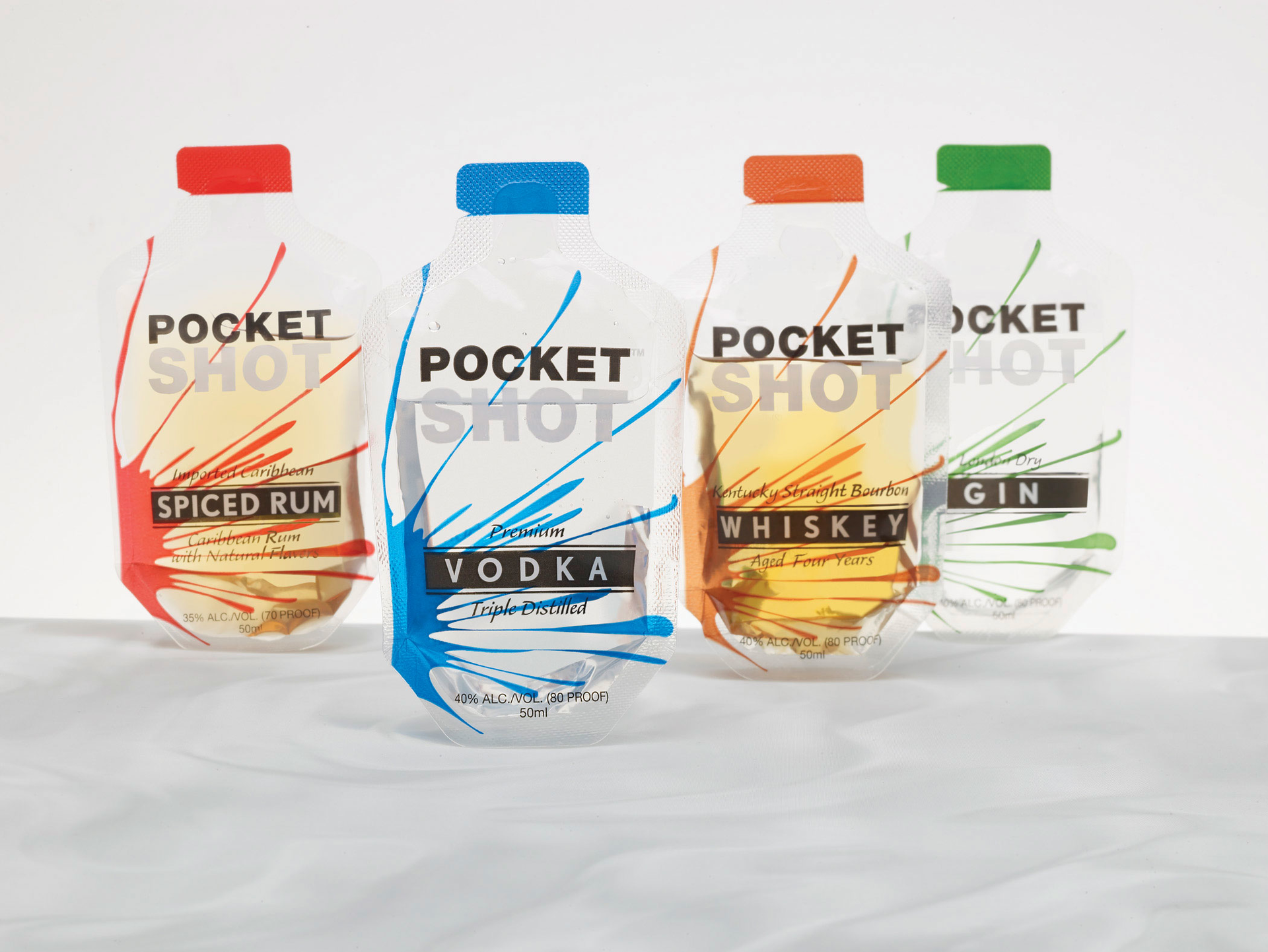 FLEXIBLE PACKS. This lineup shows some of the varieties of 50-mL Pocket Shot packs.