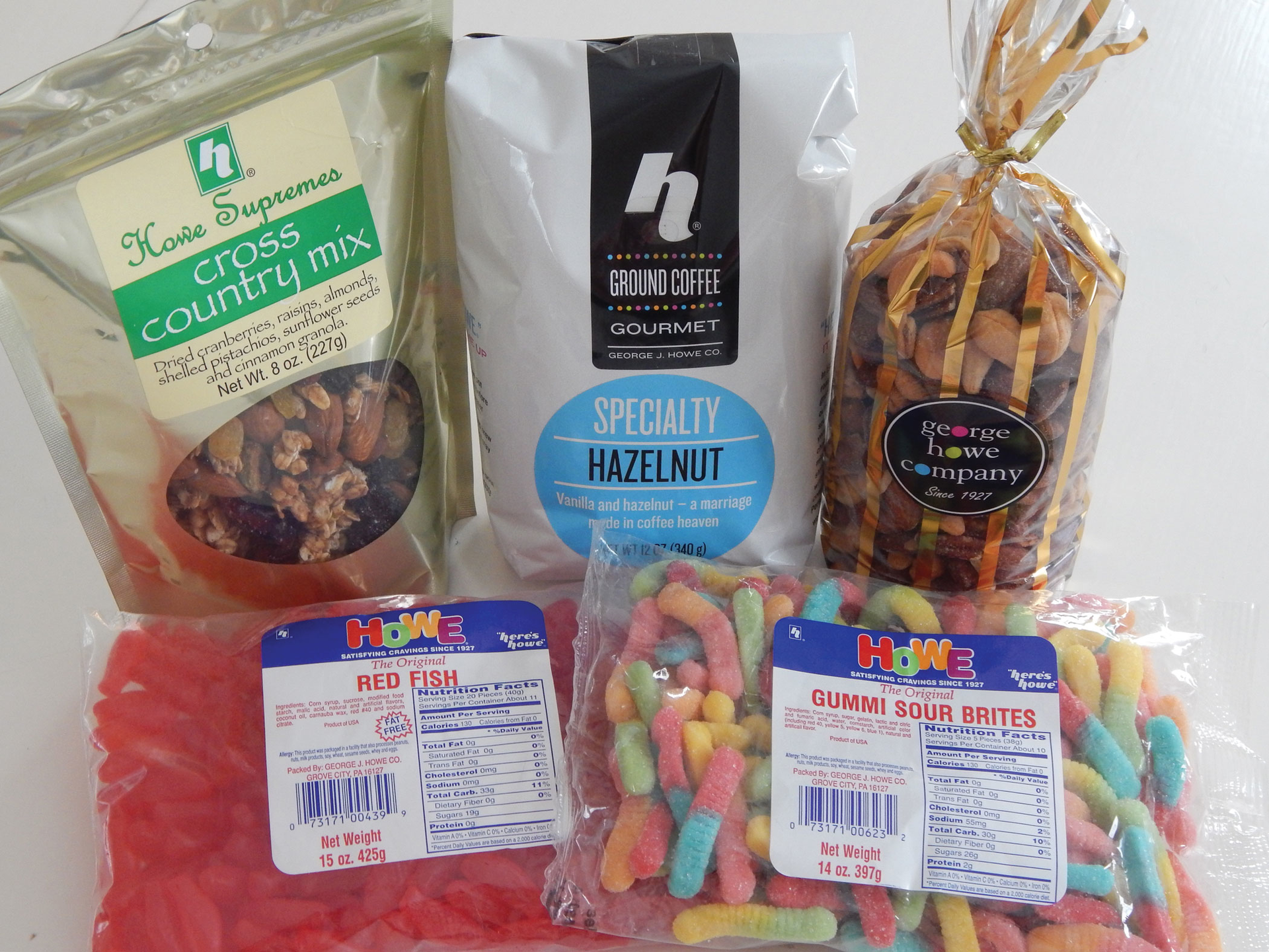 VARIETY PACKS. George J. Howe Company distributes its candy, coffee, and nut products in a range of packaging structures and sizes.