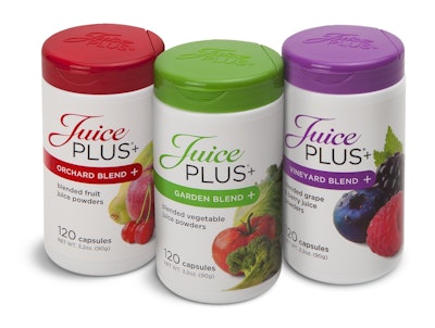 Juice+'s cylindrical bottle with dispensing closure for nutritional capsules offers consumers better value and reduces packaging waste compared to previous package.