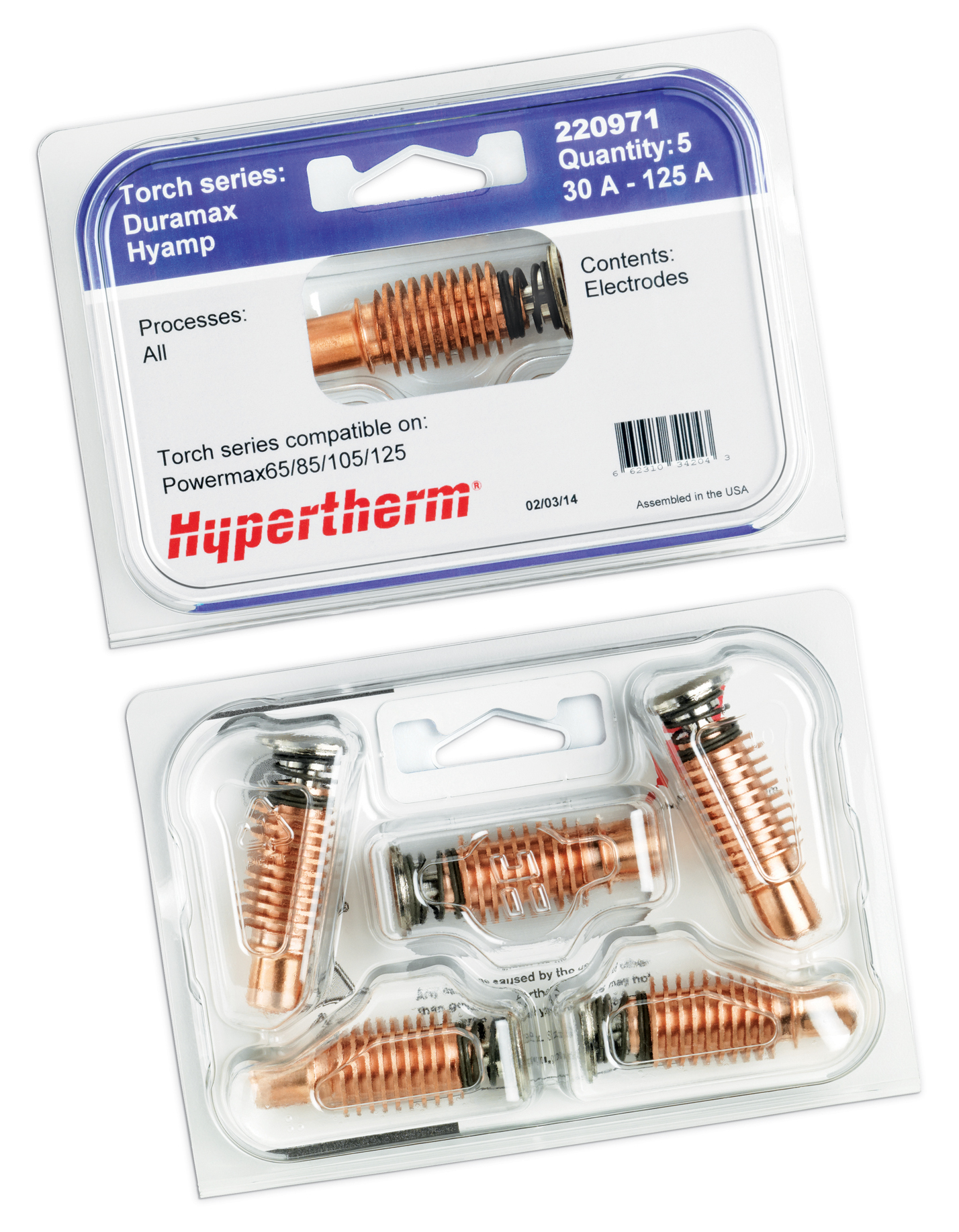 MULTIFACETED REDESIGN. The new clamshell package for Hypertherm&rsquo;s consumables offers a more compact footprint, with 20% less material, and a more consistent, cleaner brand appearance on shelf.