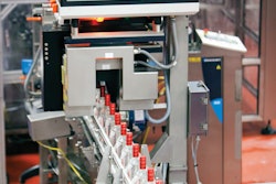 QUALITY INSPECTION. An inspection system immediately following the monobloc rinser/filler/capper on Line 9 (left) inspects the package fill level and cap placement. The same system is also used on Lines 8 and 10.