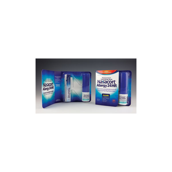 PACKAGE OPEN AND CLOSED. Sanofi&rsquo;s Nasacort&circledR; Allergy 24HR booklet pack with thermoform delivers shelf impact.