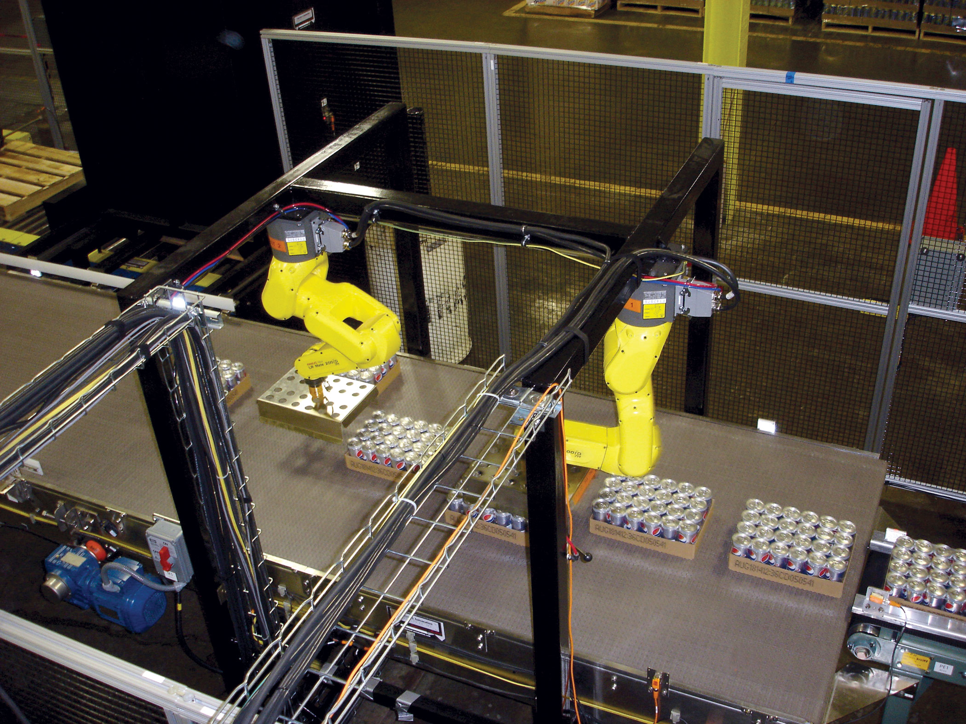 ROW PLACEMENT. At Clinton&rsquo;s Ditch, two six-axis robots gently turn and/or position each package in one of three zones on the conveyor.