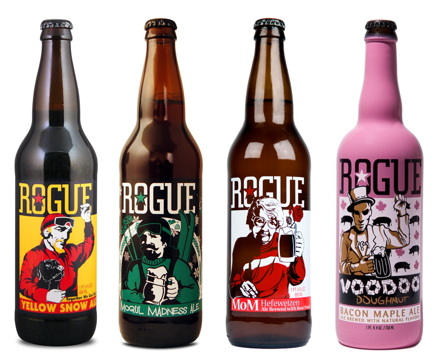 Rogue Beer is famous for eccentric character illustrations on the bottle along with vivid color combinations.