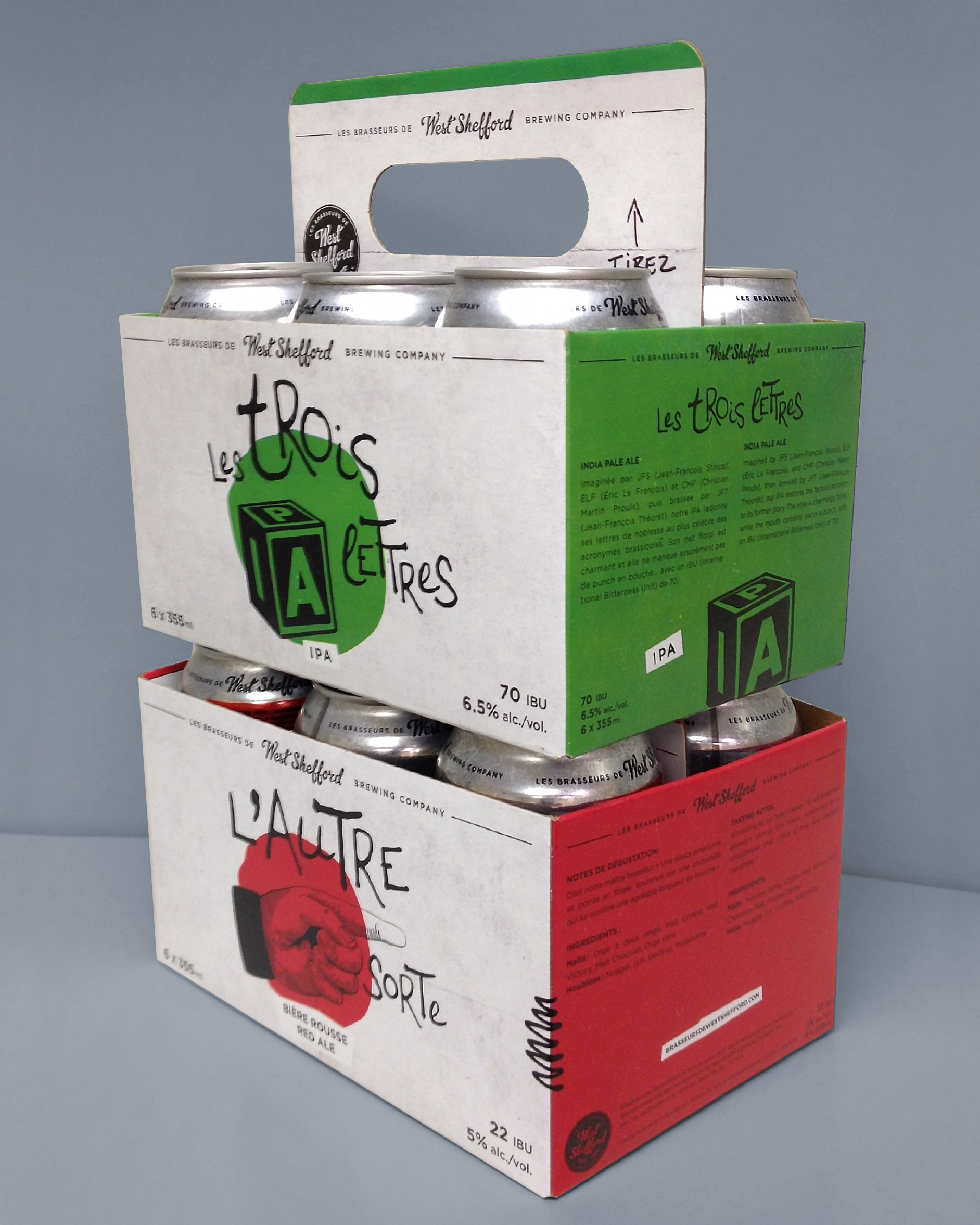 A new six-pack carrier for West Shefford's craft beer uses a retractable handle that enables stacking.
