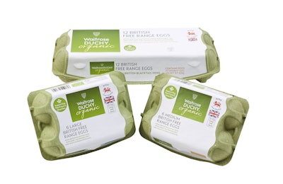 U.K. supermarket Waitrose has launched a new package made from made from equal amounts of ryegrass and recycled paper for its Waitrose Duchy Organic egg range.