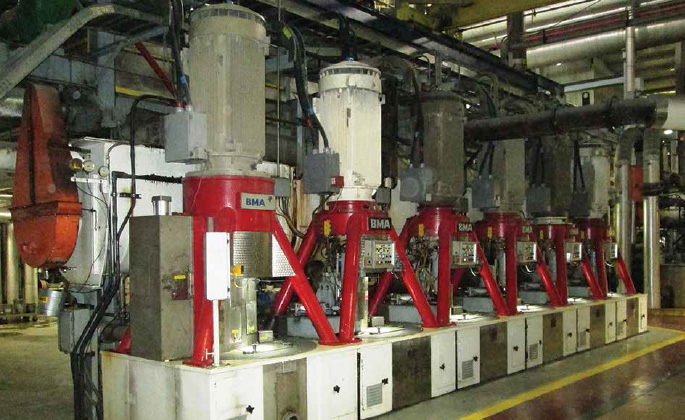 Minn-Dak uses six large centrifuges to spin juice from processed beets and separate usable sugar crystals from the remaining material.