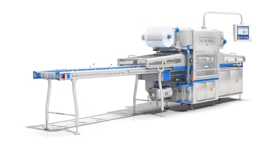 The SEALPAC A6 tray sealer is a fully automatic, modular machine that seals up to 90 trays/min.