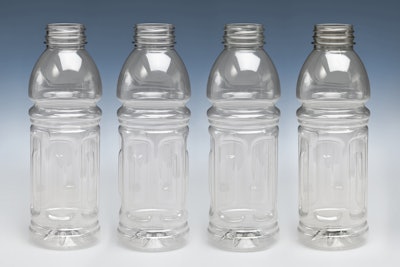 Bottles from left to right are made from virgin PET, 25% rPET, 50% rPET and 100% rPET. Source: Plastic Technologies, Inc.
