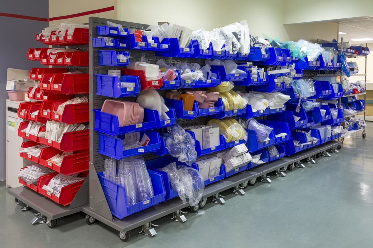 Midwestern medical system&rsquo;s dolly from Akro-Mils eases logistics of moving supply racks within multiple departments; helps workers identify what is in the bin, scan a label or restock the bin.