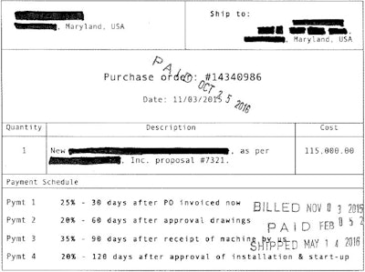 In this hypothetical invoice, 55% of the machine’s total cost was still outstanding 90 days after receipt of the machine.