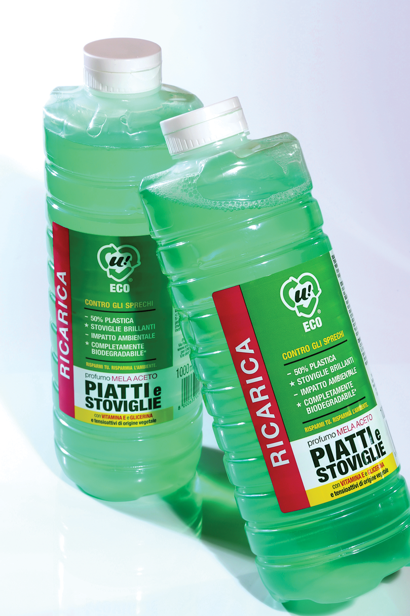 The first commercial application of Total&rsquo;s SB1359NA HDPE resin for an injection stretch blow molded bottle is this 1-L refill bottle of dish washing liquid marketed in Italy.