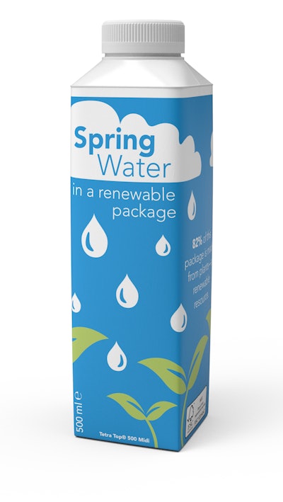 The Tetra Top water carton features a top and cap derived from sugarcane, making it 82% renewable.