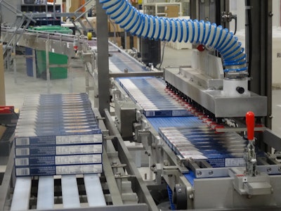 Finished cartons are carried by conveyor to the infeed of the case packer (right) and are picked and placed into stacks (left).