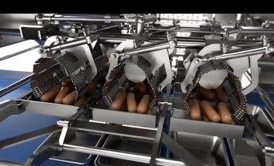 The Cabinplant sausage depositor is a fully automatic solution for alignment of portions of sausages (or similar products) in trays.