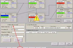 The HMI shows the status of some of the packaging line machines as well as a work order being entered into the MES system.