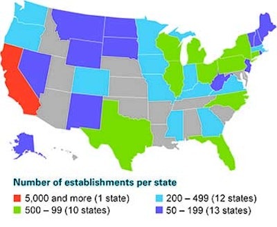 The top three U.S. states measured by the number of manufacturing locations are California, Texas and Illinois. Image courtesy of U.S. Economic Census Bureau, 2012.