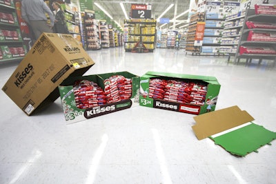Hershey has changed its display-ready case from a two-piece design (l.) to a one-piece box (r.).