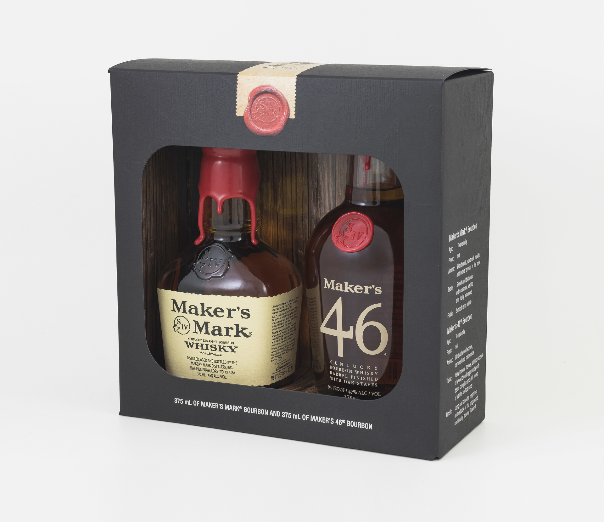A gift pack for Maker&rsquo;s Mark bourbon whisky features a wood-grained insert, a paper strip stamp, and a wax seal.