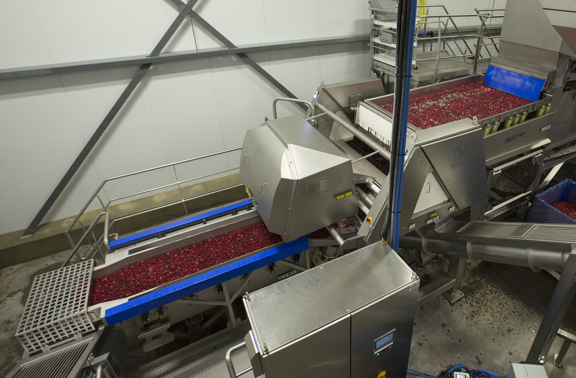 Embl&egrave;me Canneberge runs frozen cranberries through an integrated sizing and sorting line anchored by the VERYX C140 digital sorter, which removes foreign materials and defects from the product stream. Photo courtesy of Key Technology.